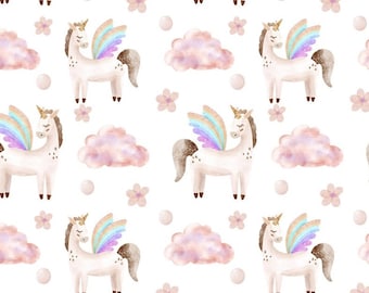 Exclusive premium cotton fabric patchwork by the meter, unicorn rainbow wings clouds, from 50 cm