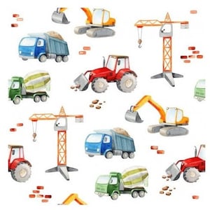 May include: A watercolour illustration of various construction vehicles, including a crane, a cement mixer, a tractor, and an excavator. The vehicles are painted in bright colours against a white background.
