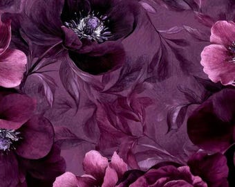 Pre-order Sweat Fabric French Terry 1.65 m extra wide Floral Roses Anemones Flowers Blossoms Floral Motif Burgundy Violet