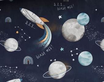 Pre-order Premium Cotton Fabric Patchwork Space Rocket Galaxy Rainbow Grey Blue