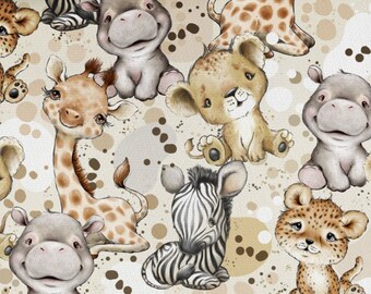May include: A seamless pattern featuring a variety of adorable cartoon animals, including a giraffe, zebra, lion, hippopotamus, and leopard. The animals are depicted in a playful and whimsical style, with bright colours and expressive features. The background is a light beige with brown spots.