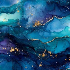 May include: An abstract alcohol ink painting featuring flowing layers of deep navy, royal blue, and vibrant turquoise. The composition is accented with delicate, meandering gold veins and scattered gold metallic flecks that create a sense of depth.