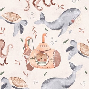 Pre-order Sweat Fabric French Terry Sold by the Meter 1.65 m wide Sea Animals Turtle Whale Octopus