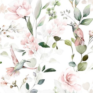 Pre-order jersey fabric by the meter 1.60 m extra wide hummingbird roses eucalyptus white