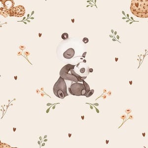 May include: A watercolour illustration of a mother panda hugging her baby panda. The background is a light beige with scattered brown hearts, small green leaves, and orange flowers.