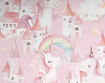 Exclusive premium cotton fabric with a cute unicorn, castle, rainbow, and clouds design.