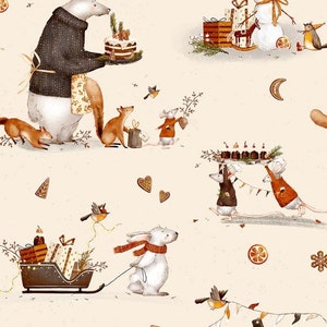 Prenota! Tessuto patchwork esclusivo in cotone di alta qualità con animali, festa di Natale, slitta