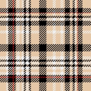 Op de afbeelding: Een beige, zwart, wit en rood ruitpatroon. Het patroon is gemaakt van dunne en dikke lijnen die elkaar kruisen om een ​​geruit ontwerp te creëren.
