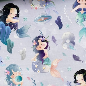 Pre-order Exclusive Premium Cotton Fabric Patchwork Mermaid Dolphin Shells Purple Turquoise