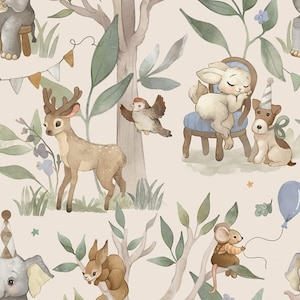 Peut inclure: Un motif de forêt fantaisiste mettant en scène une variété d'animaux, dont un cerf, un lapin, un écureuil, une souris, un chien et un éléphant. Les animaux sont représentés dans un style cartoon et sont entourés de feuillage et de fleurs. Le fond est de couleur beige clair.