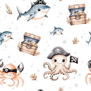 Pre-order! Available in cotton, jersey, sweat, or muslin + Maritime Octopus Pirate Crab Shark Treasure Chest Sea Creatures Starfish from 50 cm