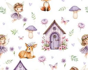 Choice of cotton, jersey, sweatshirt, muslin + girls' fairies, elves, butterflies, fox, fawn, flowers, purple, white, from 50 cm