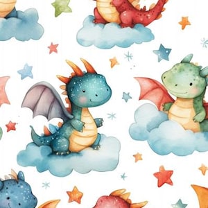 Op de afbeelding: Een naadloos patroon met aquarel illustraties van schattige draken op wolken met sterren. De draken zijn blauw, groen, rood en roze met gele accenten.