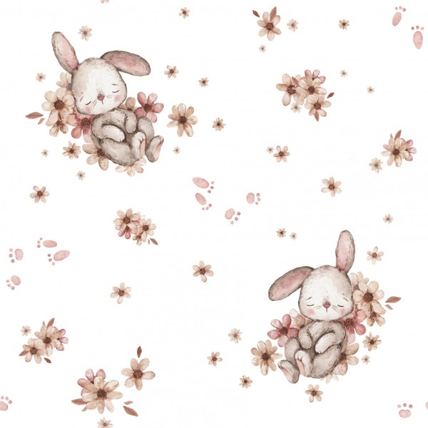 Pre-order! Choice of cotton, jersey, sweat or muslin + sweet bunnies flowers spring flower meadow white