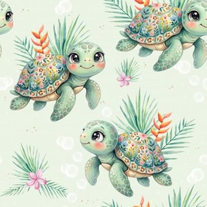 Könnte beinhalten: Ein sich wiederholendes Muster von Cartoon-Schildkröten mit floralen Schilddesigns und tropischem Laub. Die Schildkröten sind hellgrün mit großen Augen und lächelnden Gesichtern. Der Hintergrund ist hellgrün mit weißen Blasen.