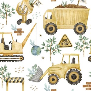 May include: A watercolor illustration of construction vehicles and plants. The vehicles are yellow and include a cement mixer, a dump truck, a crane, a tractor, and a bulldozer. The plants are green and have brown trunks. The illustration also includes a sign that says "Fixing the Planet" and another sign that says "Planting Area".