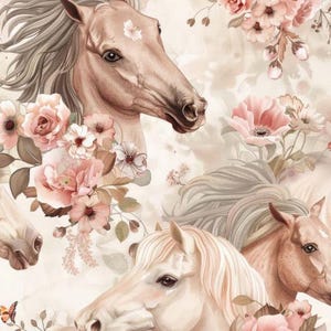 Könnte beinhalten: Eine Aquarellillustration mit mehreren Pferdeköpfen in Beige- und Cremetönen, durchsetzt mit rosa und pfirsichfarbenen Blumen. Die Pferde haben fließende Mähnen und sind von floralen Arrangements umgeben.