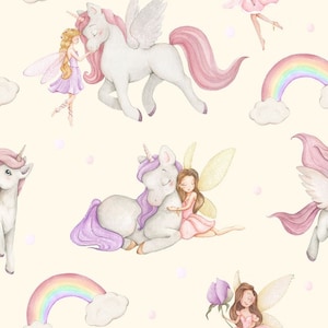 Pre-order waterproof impregnated polyester fabric tablecloth sold by the meter unicorn fairies rainbow