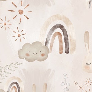 Könnte beinhalten: Ein nahtloses Muster mit einem verspielten Design mit Regenbögen, Wolken, Sonnen und Hasen in sanften, gedeckten Tönen von Braun, Beige und Weiß.