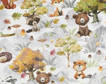 Preorder jersey fabric by the meter 1.60 m wide cute forest animals in the mountains bear hedgehog fox