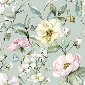 Pode incluir: Um padrão floral em aquarela com flores rosa, brancas e amarelas sobre um fundo azul claro. As flores são cercadas por folhas e caules verdes.