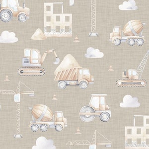 Op de afbeelding: Een aquarel illustratie van bouwvoertuigen op een beige achtergrond. De voertuigen omvatten een betonmixer, een bulldozer, een kraan, een kiepwagen en een stoomwals. De illustratie bevat ook gebouwen en wolken.