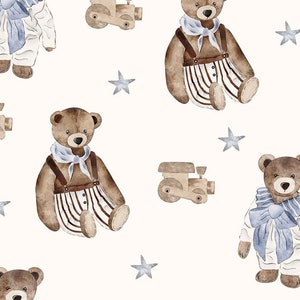 Pre-order Exclusive Premium Cotton Fabric Patchwork Teddy Bear Railway Stars Blue