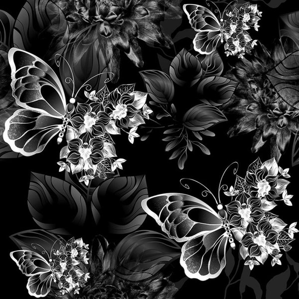 Preorder soft printed faux leather eco by the meter silver butterflies and flowers 1.40 m wide