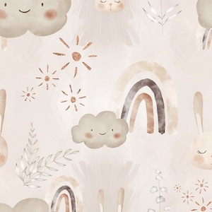 Peut inclure: Un motif sans couture avec un design fantaisiste composé de nuages, d'arcs-en-ciel, de lapins et de soleils éclatants. Les couleurs sont douces et tamisées, avec des nuances de brun, beige et gris. Ce motif est parfait pour ajouter une touche de fantaisie à n'importe quel projet.