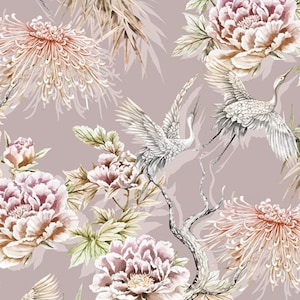 Pre-order jersey fabric sold by the meter 1.60 m extra wide roses flowers and cranes old pink