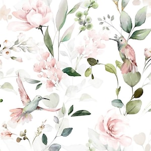 Pre-order Exclusive Premium Cotton Fabric Patchwork Flowers Birds Hummingbird Eucalyptus White Pink
