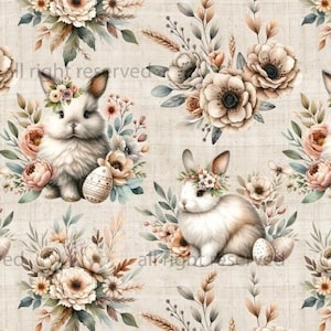 Può includere: Motivo pasquale ad acquerello con coniglietti con corone floreali, circondati da fiori e uova dai colori pastello. Il design ha un'estetica vintage con uno sfondo neutro.
