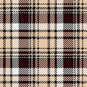 Op de afbeelding: Een naadloos patroon met een ruitpatroon met afwisselende strepen in beige, zwart, wit en rood.