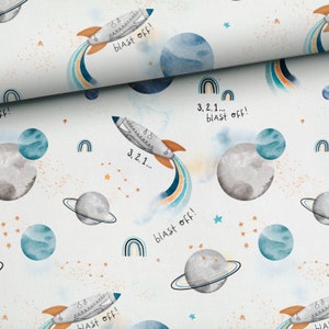 Pré-commande Tissu en coton premium Patchwork Space Rocket Galaxy Rainbow White