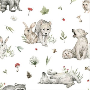 Pre-order Exclusive Premium Cotton Fabric Patchwork Forest Animals Rabbit Raccoon Wolf Hedgehog Mushrooms