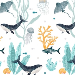 Pre-order Exclusive Premium Cotton Fabric Patchwork Maritime Fish Whales Jellyfish