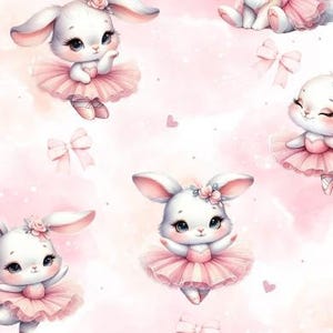May include: A repeating pattern featuring cute white bunnies in pink tutus, each wearing a flower crown. The bunnies are set against a soft pink watercolour background with scattered hearts and bows, creating a whimsical design.