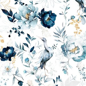 Pre-order jersey fabric by the meter 1.60 m extra wide roses flowers and crane blue white yellow gold