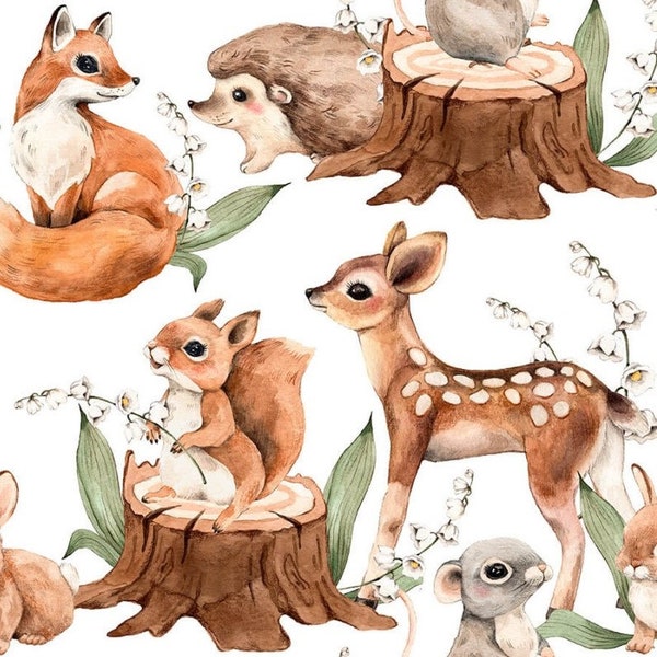 Pre-order breathable softshell with fleece fabric by the meter forest animals fox rabbit white