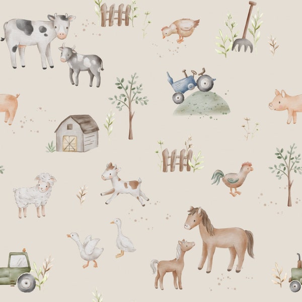 Pre-order! Choice of cotton, jersey, sweat or muslin + animals farm tractor horses pony chickens ecru