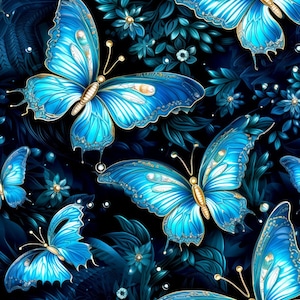 Könnte beinhalten: Ein nahtloses Muster mit blauen Schmetterlingen mit goldenen Akzenten auf einem dunkelblauen Hintergrund mit floralen Details.