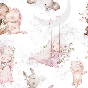 Op de afbeelding: Een naadloos patroon met aquarel illustraties van meisjes, eenhoorns en konijnen. De meisjes dragen roze jurken en hebben bloemen in hun haar. De eenhoorns zijn roze en wit en hebben bloemen op hun hoorns. De konijnen zijn bruin en hebben bloemen op hun oren. De achtergrond is wit met een subtiele textuur.