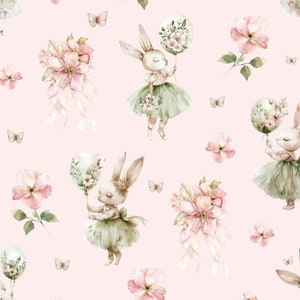 Può includere: Uno schema senza cuciture con illustrazioni ad acquerello di coniglietti che indossano abiti verdi e tengono palloncini con fiori. Lo sfondo è rosa tenue con bouquet di fiori e farfalle.