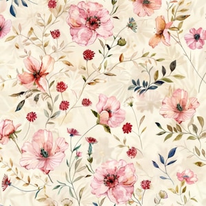 Pre-order soft printed faux leather eco floral blossoms delicate summer flowers poppy shabby vintage country house 1.40 m wide