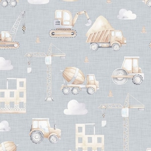 Pre-order Exclusive Premium Cotton Fabric Patchwork Construction Site Construction Vehicles Excavator Pastel Blue