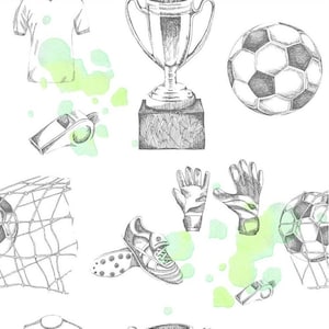 Könnte beinhalten: Ein nahtloses Muster mit Schwarzweißillustrationen von Fußballausrüstung, darunter ein Fußball, eine Trophäe, eine Pfeife, ein Trikot, Fußballschuhe und Torwarthandschuhe. Der Hintergrund ist weiß mit grünen Aquarellflecken.