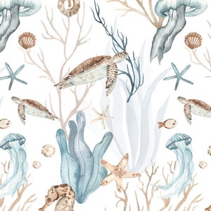 Pre-order Sweat Fabric French Terry Sold by the Meter 1.70 m wide Maritime Turtle Starfish Jellyfish