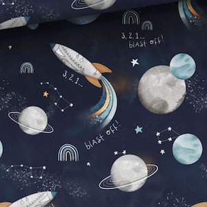 Pre-order Sweat Fabric French Terry 1.65 m wide Rocket Galaxy Space Planets Rainbow Blue