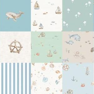 May include: A grid of nine wallpaper swatches featuring nautical themes. Patterns include a whale on blue, sailboats on white, white palm trees on sage, a ship wheel on cream, sea life on mint, marine animals on beige, blue stripes, seashells, and anchors.