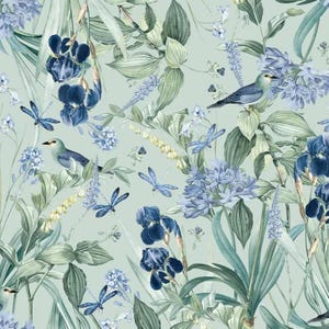 May include: A botanical illustration featuring a repeating pattern of blue irises, hydrangeas, and dragonflies. The design includes birds perched among the foliage, with a soft green background. The artwork has a vintage, hand-painted aesthetic.